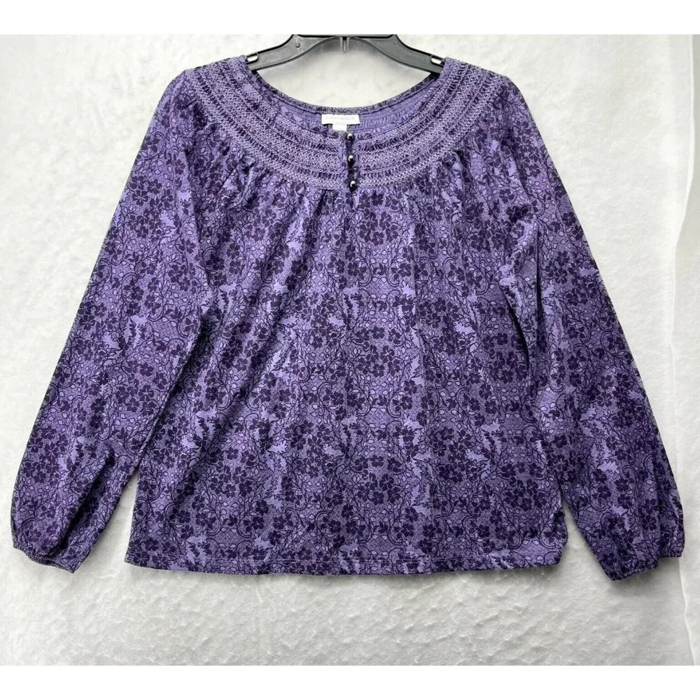 Charter Club Blouse Women's M Purple Floral Long Sleeve Bishop Boat Neck Stretch
